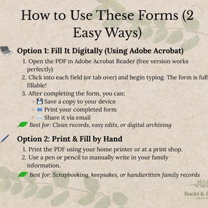 Puede incluir: Un gr&aacute;fico beige con instrucciones sobre c&oacute;mo usar formularios de dos maneras: rellenar digitalmente con Adobe Acrobat e imprimir para rellenar a mano. Las instrucciones incluyen guardar, imprimir y compartir el formulario completado.