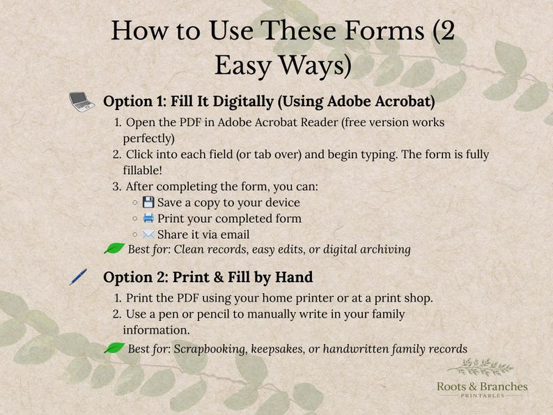 Puede incluir: Un gr&aacute;fico beige con instrucciones sobre c&oacute;mo usar formularios de dos maneras: rellenar digitalmente con Adobe Acrobat e imprimir para rellenar a mano. Las instrucciones incluyen guardar, imprimir y compartir el formulario completado.