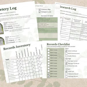 Puede incluir: Una colecci&oacute;n de documentos de investigaci&oacute;n geneal&oacute;gica, que incluyen un registro del cementerio, un registro de investigaci&oacute;n, una lista de verificaci&oacute;n de registros y un inventario de registros. Los documentos est&aacute;n impresos en papel blanco con acentos verdes.