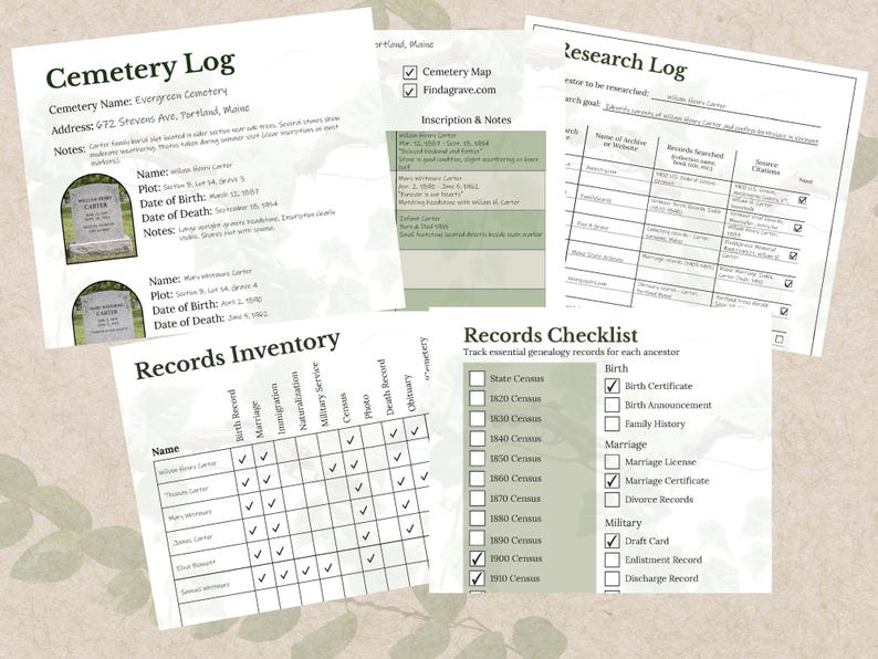 Puede incluir: Una colecci&oacute;n de documentos de investigaci&oacute;n geneal&oacute;gica, que incluyen un registro del cementerio, un registro de investigaci&oacute;n, una lista de verificaci&oacute;n de registros y un inventario de registros. Los documentos est&aacute;n impresos en papel blanco con acentos verdes.