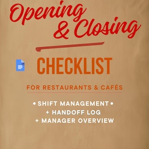 Restaurant Opening Closing Checklist, Shift Handoff Log, Manager Operations (Google Docs)