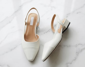Womens Pointed Toe Slingback Flats | Low Heel Dress Shoes | Elegant Minimal Sandals | Office Work Ballet Shoes