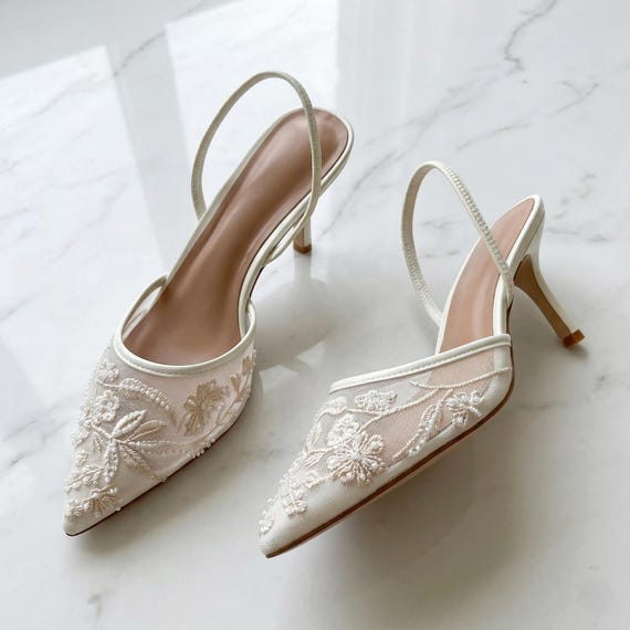 Slingback Embroidered Mesh Heels | Pointed Toe Kitten Heels | Lace Floral Heels | Elegant Bridal Pumps