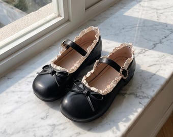 Lace Trim Mary Jane Flats for Women | Gothic Inspired Ballet Shoes | Bow Strap Casual Dress Shoes