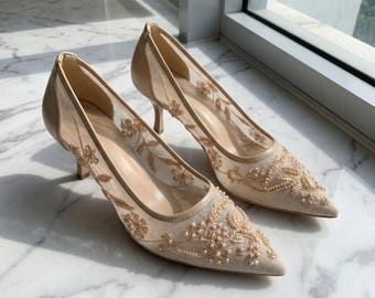 Escarpins brodés à bout pointu | Chaussures habillées en filet à enfiler | Chaussures habillées élégantes pour femme