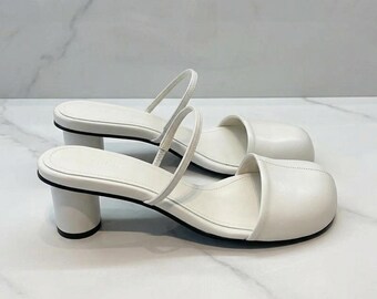 Womens Minimal Mule Heels | Elegant Strap Sandals | Block Heel Slip On Shoes | Chic Everyday Footwear