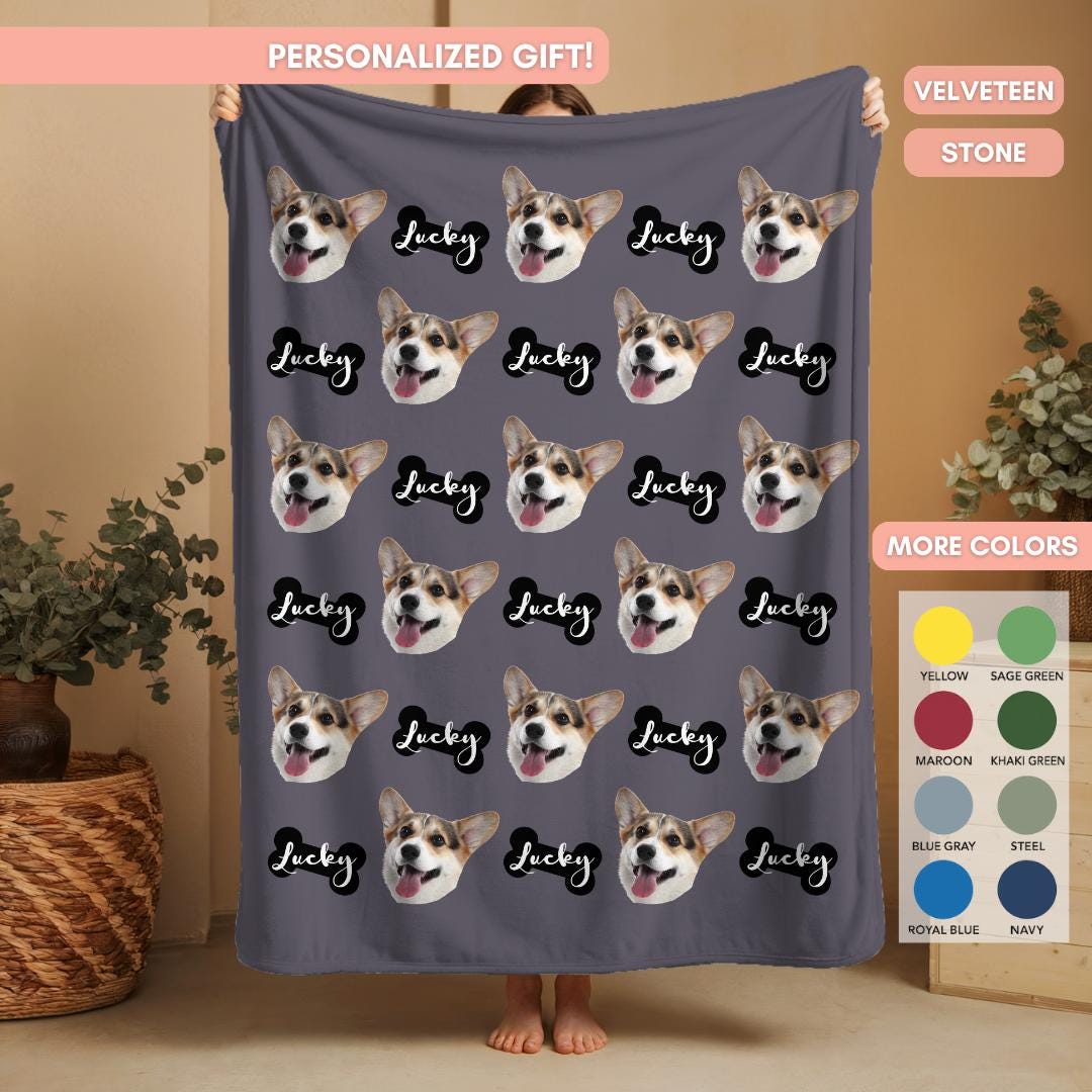 Custom Dog Face Blanket With Name Personalized Pet Photo Pattern Throw ...