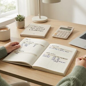 May include: An open planner with handwritten financial entries, a laptop displaying a budgeting dashboard, a 30-Day No-Spend Challenge book, a calculator, a gold pen, and a ceramic mug on a wooden desk. The planner shows daily spending logs.