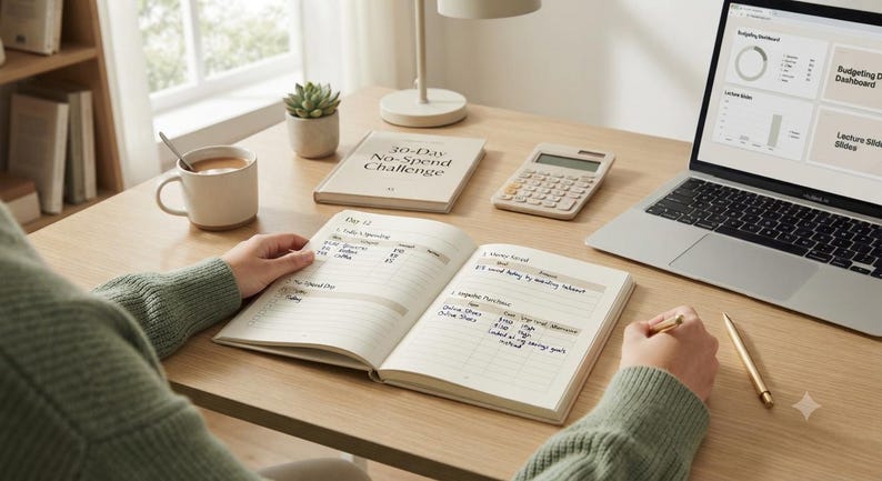May include: An open planner with handwritten financial entries, a laptop displaying a budgeting dashboard, a 30-Day No-Spend Challenge book, a calculator, a gold pen, and a ceramic mug on a wooden desk. The planner shows daily spending logs.