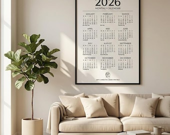 Minimalist 2026 Calendar Print, Modern Wall Art Poster (Digital Download)
