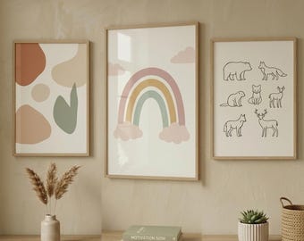 Minimalist Boho Rainbow Animal Nursery Art Print Set (Digital Download)