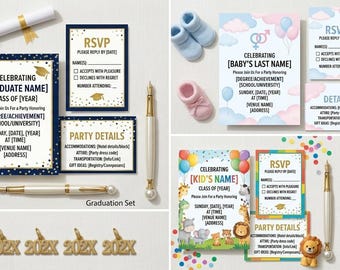 Graduation, Gender Reveal, Birthday Party Invitation Bundle (Editable Canva)