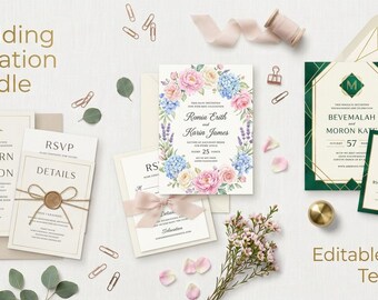 Wedding Invitation Bundle Editable Canva Template Printable Invite Set Minimalist Floral Modern Instant Download