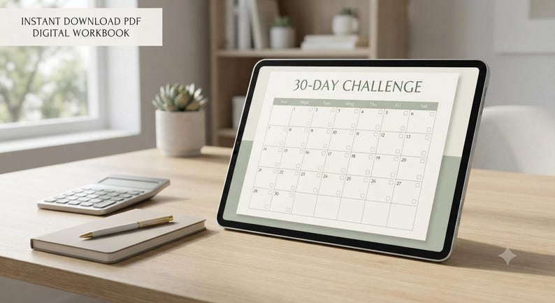 May include: A digital tablet displaying a 30-day challenge calendar with a grid layout. The screen shows the text 30-DAY CHALLENGE at the top. The tablet is positioned on a wooden surface next to a small notebook, a pen, and a calculator.