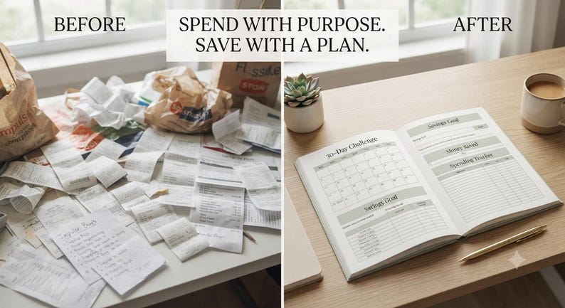May include: A split-screen comparison showing a cluttered desk covered in crumpled paper receipts labeled BEFORE, and an organized desk with an open financial planner labeled AFTER. The text SPEND WITH PURPOSE. SAVE WITH A PLAN. is centered above.