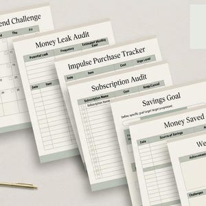 May include: A set of financial planning sheets featuring a 30-Day No-Spend Challenge calendar, Money Leak Audit, Impulse Purchase Tracker, Subscription Audit, Savings Goal, Money Saved, and Weekly Review logs. The text 35 PAGES INCLUDED is visible.