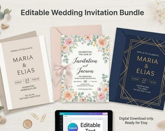 Floral Wedding Invitation Bundle – Minimalist, Geometric Canva Templates (Instant Download)