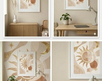 Boho Sun Moon Abstract Poster Set: Terracotta Cream Waves (Digital Download)