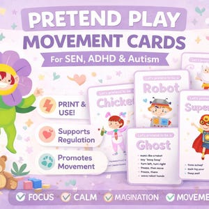 Pode incluir: Um conjunto de "Cart&otilde;es de Movimento de Faz de Conta" para SEN, TDAH e Autismo. Os cart&otilde;es apresentam ilustra&ccedil;&otilde;es de um rob&ocirc;, uma galinha, um super-her&oacute;i e um fantasma. A imagem inclui um personagem de flor, um ursinho de pel&uacute;cia e o texto "Imprimir e usar!" e "Apoia a regula&ccedil;&atilde;o".
