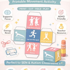 Puede incluir: Una colorida actividad de movimiento imprimible para aulas de SEN y autismo. El diseño presenta un dado con ilustraciones de ejercicios como flexiones, saltos y correr. Incluye texto: "Brain Break Dice", "Supports Focus" y "ADHD Friendly".