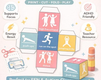 Dados de Movimento para Pausa Cerebral na Sala de Aula | Cubo de Atividades Imprimível | Jogo de Movimento Infantil | Recurso para Sala de Aula de Educação Especial | Pausa Energética para TDAH