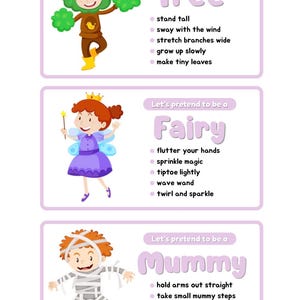 Pode incluir: Tr&ecirc;s cart&otilde;es ilustrados com o texto "Vamos fingir ser uma &aacute;rvore", "Fada" e "M&uacute;mia". Cada cart&atilde;o apresenta uma crian&ccedil;a vestida como o personagem, com instru&ccedil;&otilde;es sobre como agir como cada personagem.