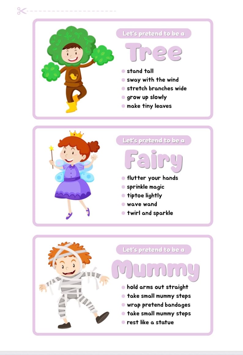 Pode incluir: Tr&ecirc;s cart&otilde;es ilustrados com o texto "Vamos fingir ser uma &aacute;rvore", "Fada" e "M&uacute;mia". Cada cart&atilde;o apresenta uma crian&ccedil;a vestida como o personagem, com instru&ccedil;&otilde;es sobre como agir como cada personagem.