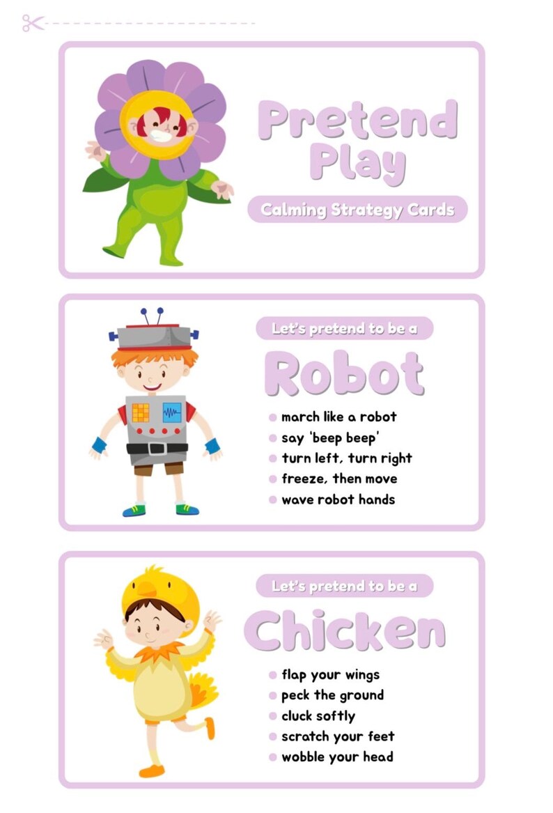 Pode incluir: Cart&otilde;es educativos com ilustra&ccedil;&otilde;es de crian&ccedil;as vestidas de flor, rob&ocirc; e galinha. Os cart&otilde;es s&atilde;o rotulados como "Pretend Play" e "Calming Strategy Cards". Cada cart&atilde;o tem instru&ccedil;&otilde;es.