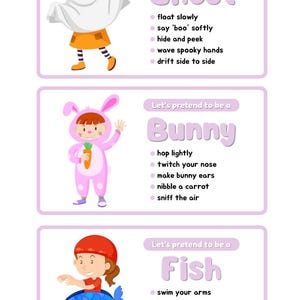 Pode incluir: Um gr&aacute;fico educativo colorido com ilustra&ccedil;&otilde;es de um fantasma, um coelho e um peixe. Cada personagem tem uma lista de a&ccedil;&otilde;es para imitar, como flutuar, dizer 'boo', pular, mexer o nariz e nadar. O texto diz 'Vamos fingir ser'.