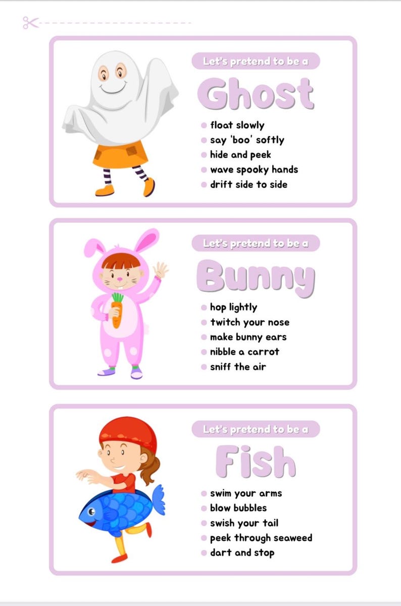 Pode incluir: Um gr&aacute;fico educativo colorido com ilustra&ccedil;&otilde;es de um fantasma, um coelho e um peixe. Cada personagem tem uma lista de a&ccedil;&otilde;es para imitar, como flutuar, dizer 'boo', pular, mexer o nariz e nadar. O texto diz 'Vamos fingir ser'.