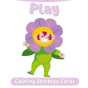 Pode incluir: Ilustra&ccedil;&atilde;o colorida para materiais educativos infantis. A imagem apresenta uma personagem de desenho animado vestida de flor com o texto "Pretend Play" e "Calming Strategy Cards". A personagem &eacute; verde com um rosto amarelo e p&eacute;talas de flores roxas.