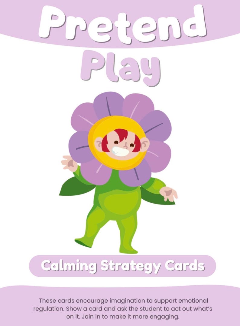 Pode incluir: Ilustra&ccedil;&atilde;o colorida para materiais educativos infantis. A imagem apresenta uma personagem de desenho animado vestida de flor com o texto "Pretend Play" e "Calming Strategy Cards". A personagem &eacute; verde com um rosto amarelo e p&eacute;talas de flores roxas.