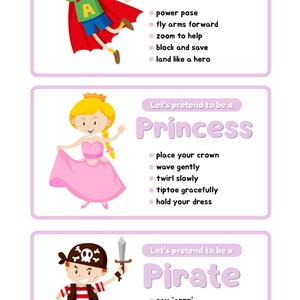 Pode incluir: Um cartaz educativo colorido com ilustra&ccedil;&otilde;es de um super-her&oacute;i, uma princesa e um pirata. Cada personagem &eacute; acompanhado por uma lista de a&ccedil;&otilde;es, como "power pose" para o super-her&oacute;i e "say 'arrr'" para o pirata. O texto diz "Vamos fingir ser..."