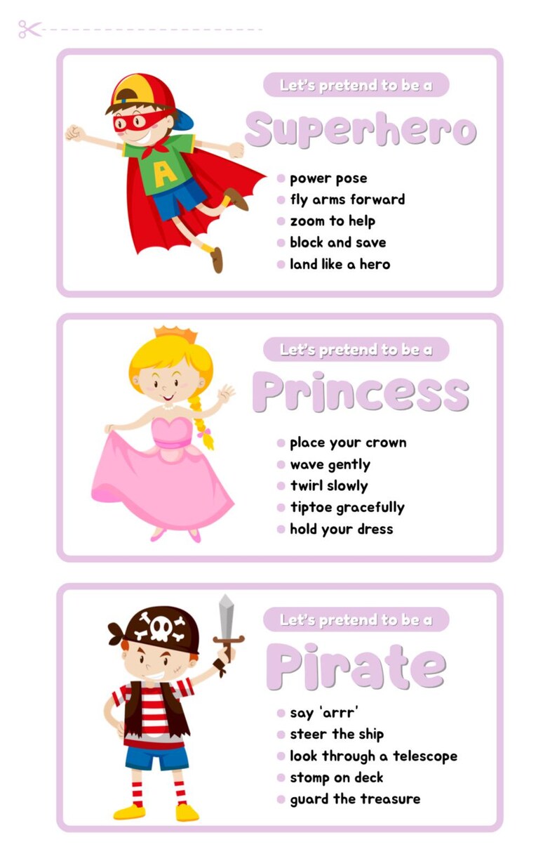 Pode incluir: Um cartaz educativo colorido com ilustra&ccedil;&otilde;es de um super-her&oacute;i, uma princesa e um pirata. Cada personagem &eacute; acompanhado por uma lista de a&ccedil;&otilde;es, como "power pose" para o super-her&oacute;i e "say 'arrr'" para o pirata. O texto diz "Vamos fingir ser..."