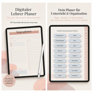 Könnte beinhalten: Digitaler Lehrer Planer auf einem Tablet, mit Tages-, Wochen- und Monatsplaner-Seiten. Der Bildschirm zeigt ein Tagesplaner-Layout mit Zeitfenstern und Notizen. Der Text lautet "Digitaler Lehrer Planer" und "Für iPad & GoodNotes optimiert".