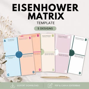 Könnte beinhalten: Ein Template für die Eisenhower-Matrix, ein Zeitmanagement-Tool, mit dem Titel "EISENHOWER MATRIX TEMPLATE". Das Bild zeigt fünf verschiedene Designs in Pastellfarben, darunter ein goldener Stift.