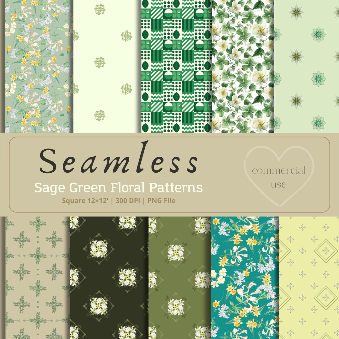 Sage Pattern Sample 10 Seamless Sage Green Floral Patterns - Etsy UK