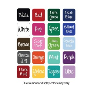 May include: A chart of color swatches with names for each color. The colors include black, red, dark green, dark blue, white, pink, green, brilliant blue, brown, soft pink, lime green, powder blue, charcoal gray, orange, mint, purple, dark red, yellow, turquoise, and lilac.