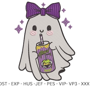 May include: A cute ghost illustration with a purple bow, holding a purple and yellow energy drink. The drink has the text "Alani Energy". The ghost has pink cheeks and is surrounded by purple star shapes.
