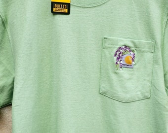 Carhartt pocket tshirt, embroidered pocket design, floral, Carhartt logo embroidery