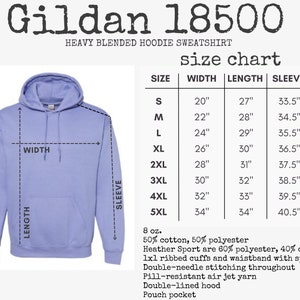 May include: A light purple hoodie sweatshirt with a pouch pocket and drawstring hood. The image includes a size chart for Gildan 18500, listing width, length, and sleeve measurements in inches for sizes S through 5XL, plus fabric specifications.