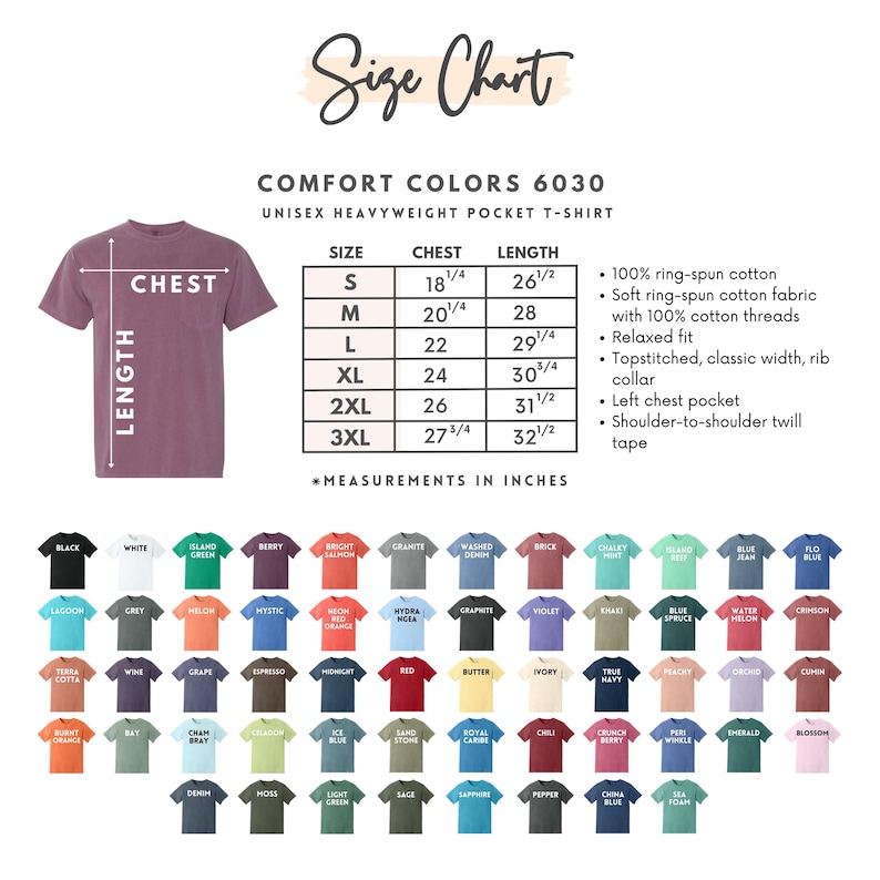 May include: A Comfort Colors 6030 unisex heavyweight pocket t-shirt size chart with a mauve shirt illustration, a table listing chest and length measurements in inches for sizes S to 3XL, and a grid of 56 small t-shirt icons in various colors.