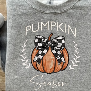 Coquette Pumpkin Season Embroidery Design, Instant download 6 sizes embroidery file, Fall design, Checkered bow, Spooky Season