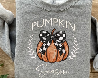 Coquette Pumpkin Season Embroidery Design, Instant download 6 sizes embroidery file, Fall design, Checkered bow, Spooky Season