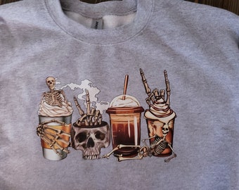 Coffee Skeleton theme sweatshirt, unisex sweatshirt, caffeine addict, latte, iced coffee, unisex sweatshirt, crewneck or hoodie.