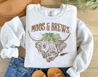 Custom adult Unisex Embroidered sweatshirt, Highland Cow, Moos and Brews, crewneck or hoodie