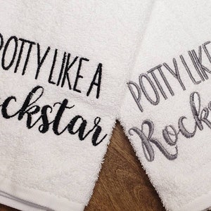 Embroidered bathroom hand towel, Potty like a rockstar, Children&#39;s bathroom towel, personalized gift, bathroom decoration, housewarming