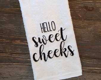 Cute embroidered hand towel for the bathroom, Hello sweet cheeks, customize color, funny gift, or for Childs bathroom and powder room