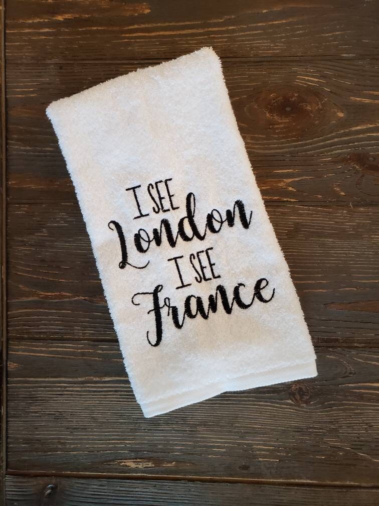 Embroidered bathroom hand towel, I see London I see France, white towel black thread, customize thread color