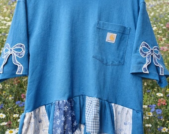 Carhartt Ruffled Patchwork pocket t-shirt, embroidered bow sleeve design, floral, Carhartt logo embroidery